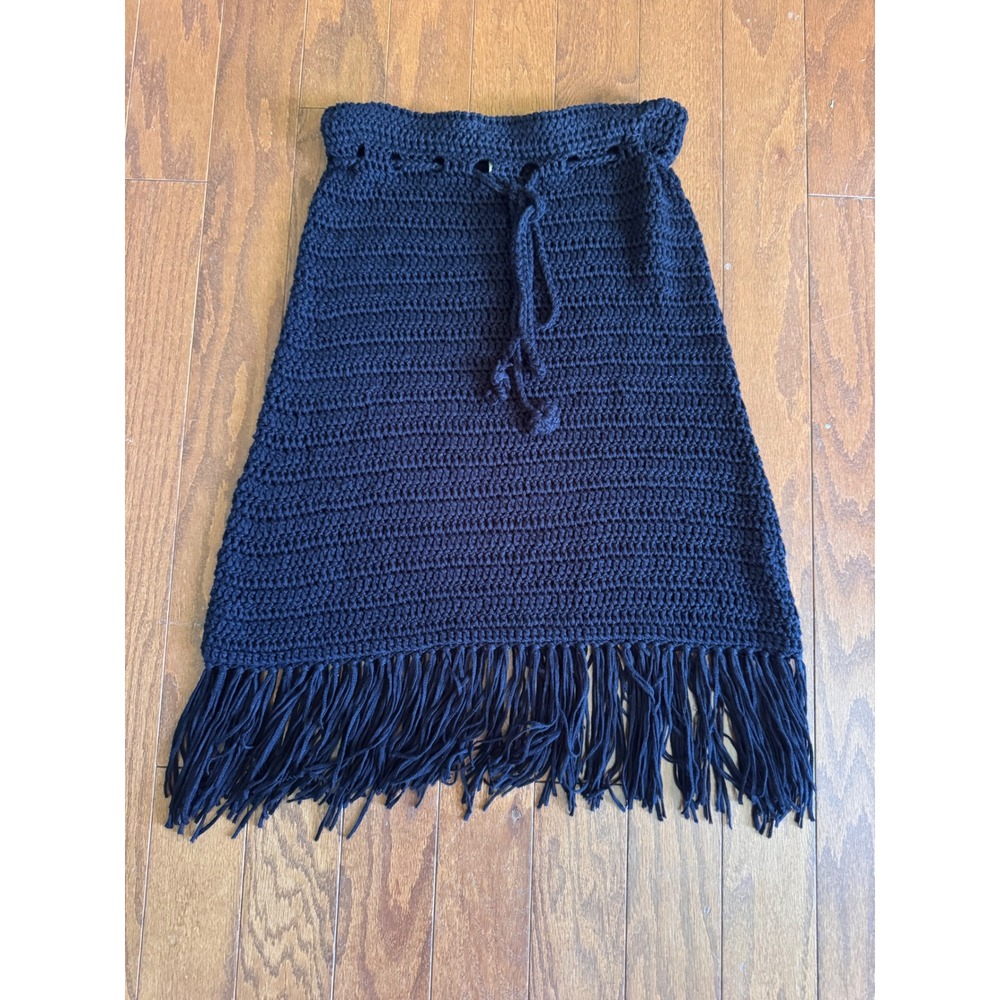 POL Black Crochet Knit Fringe Mini Skirt Boho Festival Drawstring Small - Picture 2 of 7